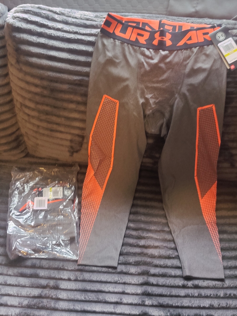 Under Armour Gray Compression Tights with Bright Orange Waistband and Panels